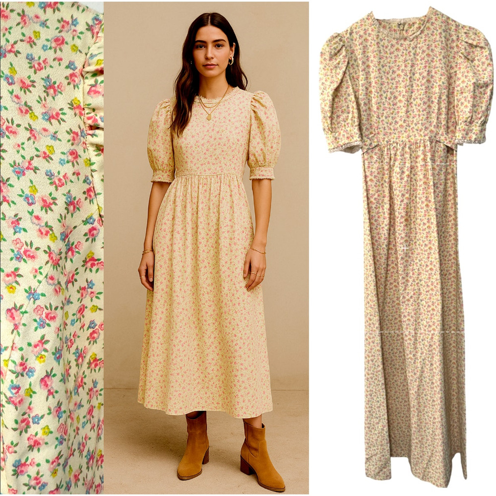 Vintage Cottagecore XS Puff Shoulder Prairie Dress Liberty Floral Butter Yellow